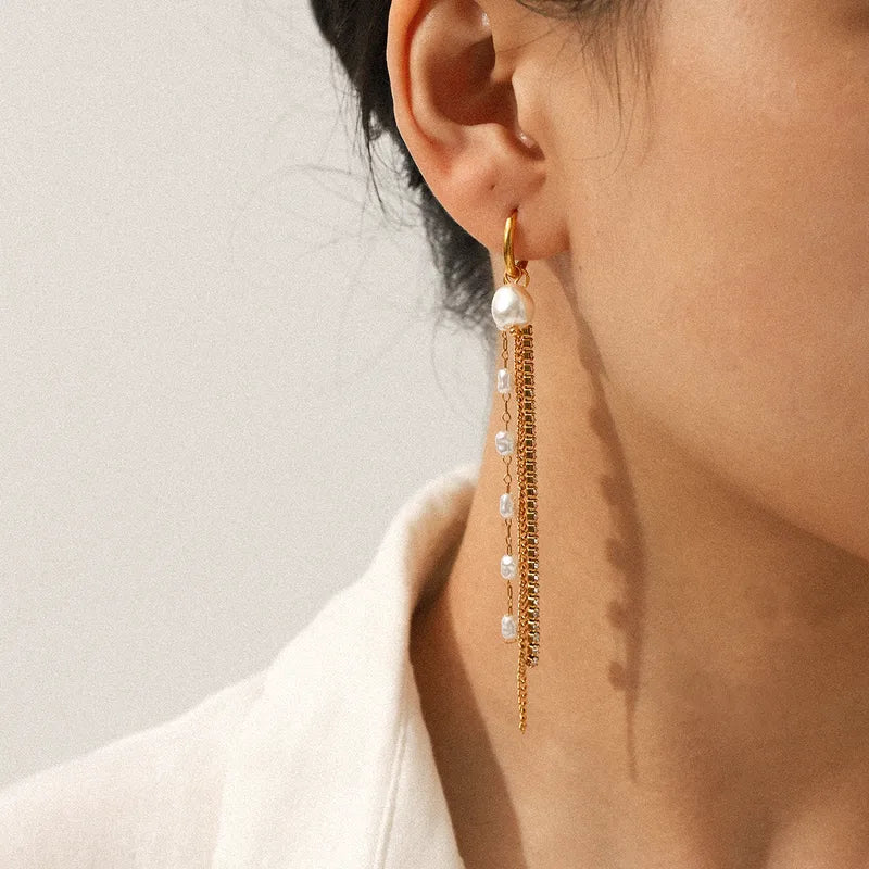🎁 Cercei Luxury Pearl Tassel Gold – Perle, Zirconii și Placare Aur 18K (100% off)